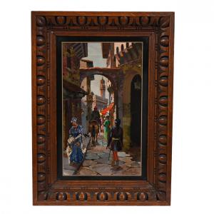 Pietre dure mosaic slate plaque signed by Mario Montelatici (1894-1974), 15 ¾ inches by 10 inches, with an incredible Renaissance scenic décor (est.$2,500-$5,000).