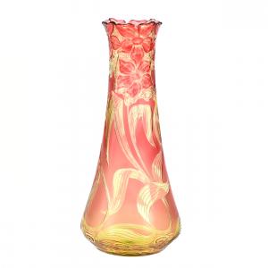 Exceptional Stevens & Williams vase, 12 inches tall, boasting a carved floral design with cranberry shading to yellow (est. $3,000-$4,500). The vase is attributed to glass artist Joshua Hodgetts.