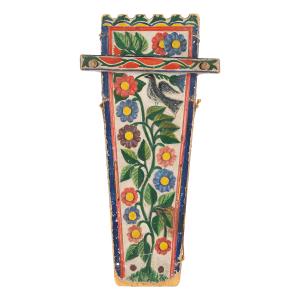 Circa 1890 Northeastern North America Mohawk cradle board, adorned with carved and painted floral decoration on the reverse side and flower and bird carvings (est. CA$4,000-$6,000).