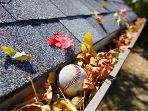 baseball and leaves clogging roof guttering system