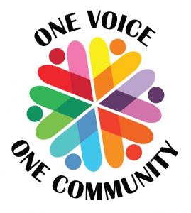 The logo is a multicolored asterisk shape with the words One Voice One Community.