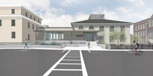 Rendering of the 2025 Sawyer Free Library depicting front entrance on 2 Dale Avenue, Gloucester, MA. The rendering is courtesy of Oudens Ello Architecture.
