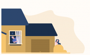 Two squatters are peering out of a home