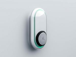 An up-close photo of the Augmented Intelligence (AUGi) unit from Inspiren and Maplewood Senior Living. (Image courtesy of Maplewood Senior Living). It is a small, white, oblong wall-mounted sensor with teal lighting around the perimeter.