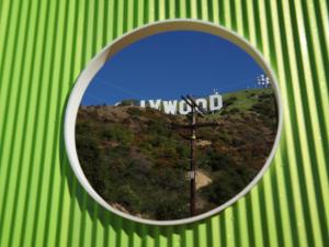 The Hollywood Sign is visible though the window of the sculpture, Gloriette-R1