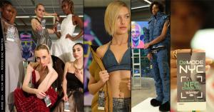 Models showcasing DeMODE partner designs in front of Modernist art hilding up NFC-enabled DeMODE tags