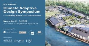 Blue poster with white text for 9th Annual Climate Adaptive Design Symposium. On right is the Little Diversified Architecture building