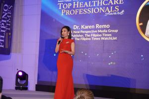 Dr. Karen Remo, CEO and Founder of New Perspective Media Group, and Chair of The Filipino Times Watchlist while giving her welcome speech at the TFT Watchlist Top Healthcare Professionals Awards 2023