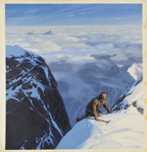 Oil on illustration board Arctic exploration painting by Tom Lovell (American, 1909-1997), depicting a climber with a pick in one hand, 27 ¼ inches by 28 inches, signed (est. $2,000-$4,000).