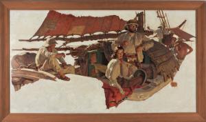 Oil on board painting by Dean Cornwell (American, 1892-1960), titled Explorers on a Ship Painting, depicting a group of armed men on a ship wearing pith helmets, and a woman, 38 inches by 21 inches (sight, less frame) (est. $5,000-$7,000).