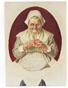 Oil on canvas mounted on board by J.C. Leyendecker (American, 1874-1951), titled Peeling Apples Study, depicting an old woman peeling apples for Thanksgiving, painted for the Thanksgiving Saturday Evening Post Cover in 1925, unsigned (est. $800-$1,200).