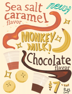 A drawing of caramel and chocolate syrup swirling around the center that says monkey milk in a bold font. Next to each swirl is the name of the flavors, sea salt caramel flavor and chocolate flavor