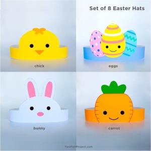 Cute Printable Easter Party Hats (Part 1: Yellow Chick, Easter Eggs, White Bunny, Orange Carrot) as Easter Party Decorations
