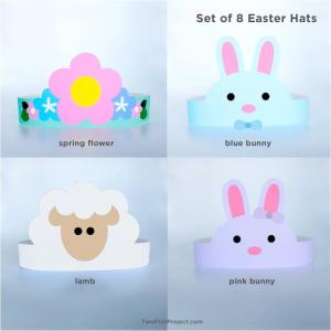 Cute Printable Easter Party Hats (Part 2: Springtime Flowers, Baby Lamb, Pink Bunny, Blue Bunny) for Easter Party Games