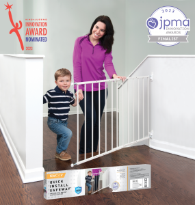 Mother and child on stairs with safety gate