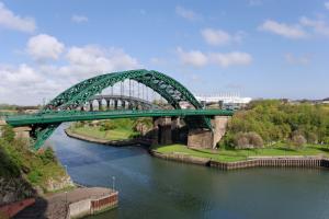 Wearmouth Bridges in Sunderland looking toward the Stadium of Light. Site of former shipyards used for urban development.