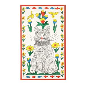 Latex and marker on Masonite painting by Joe Sleep (1914-1978), titled Cat (1978), depicting a cat surrounded by flowers and birds within a diamond and floral border (est. CA$5,000-$7,000).