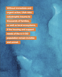 Image of an inside page of the report with a blue watery paint background. The top left of the page has orange lines with white text that read: Without immediate and urgent action, Utah risks catastrophic trauma to thousands of families, as well as local 