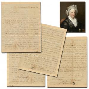 Lot 150 is a rare, four-page autograph letter signed by First Lady Martha Washington written in 1794 in Philadelphia, referring to her husband three times, as the “President” (est. $20,000-$30,000).