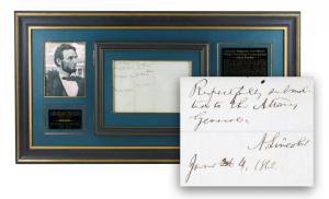 Lot 88 is an autograph endorsement by Abraham Lincoln, dated June 4, 1862, nicely matted and framed. Lincoln’s signed directive appears on the back of a petition relating to a U.S. Marshalship in Arizona Territory (est. $7,000-$8,000).