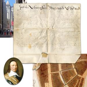 Lot 247 is a Dutch land grant signed by Director-General Peter Stuyvesant on April 16, 1654, granting a freehold in what is today’s Manhattan Financial District, steps away from Wall Street and the now-defunct “Heere Gracht” or Broad Canal (est. $20,000-$