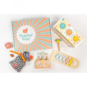 Colorful mailer box filled with wooden toys