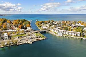 Drone view of Charlevoix, MI. Water channel leading into Lake Michigan