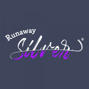 A white and purple RUNAWAY SILVER® logo featuring a script font and bullwhip insignia.