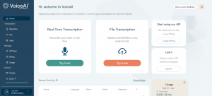 VoiceAI welcome screen: Transcribe a file