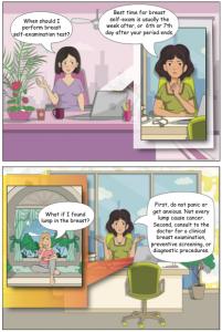 Fearless Five Comic Series: Vibrant Illustrations Portraying Honest Conversations Among Young Women, Fostering Understanding and Awareness about Young Women’s Breast Cancer in a Relatable and Engaging Manner.