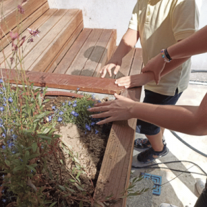 A NIITE employee helps a child feel the plants growing in the outdoor garden boxes