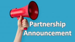 Woman's hand holding a megaphone with the words Partnership Announcement - announcing the partnership of Ictect and CyberNINES to develop application improving cybersecurity compliance for contractors