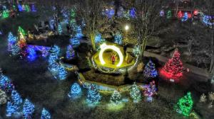 Dozens of decorated Christmas trees in a park surrounding a giant ornament arch.