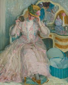 Frederick Carl Frieseke's "Lady Trying on a Hat" is a masterpiece of American Impressionism. The work carries provenance extending all the way back to the artist (est. $250,000-$350,000).