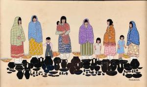 Paintings by the Pueblo artist Pablita Velarde (born Tse Tsan, 1918-2006) include this acrylic on paper titled “Santa Clara Women and Children Selling Ceramic Wares” (est. $800-$1,200).