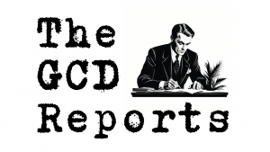 The GCDR logo: A businessman seated at a desk, writing in a ledger.
