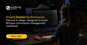 A focused individual wearing headphones reviews information on a computer monitor in a dimly lit room. Prominently displayed on the screen is a promotional banner for 'Smart Dealer Commission' by Evolving Systems, emphasizing its adaptability and excellen