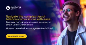A smiling young man with glasses looking upward, illuminated by vibrant multicolored lights. Adjacent is a promotional message from Evolving Systems about navigating telecom commissions with their 'Smart Dealer Commission', emphasizing its transparency, a