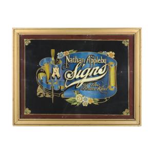 Nathan Appleby's "Signs of the Better Kind" reverse painted trade sign, his first trade sign, done 1930, unsigned, 18 ¾ inches by 24 inches, in a gold leaf frame (est. CA$3,500-$5,000).