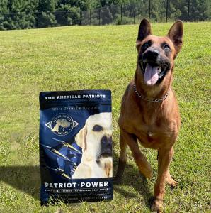 K-9 Koda, a retired Dual-Purpose Patrol/Narcotics Detection K-9 and a bag of Patriot Power 30/20 Performance Recipe.