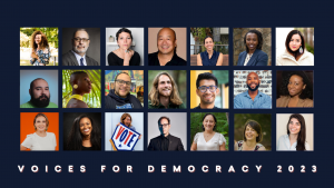 This photo showcases headshots for the 14 "Voices for Democracy Fund" Recipients