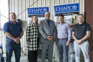 Paul Lavoie, Chief Manufacturing Officer for CT meets with members of the Chapco, Inc. team and Rebecca Mead from the Middlesex Chamber of Commerce
