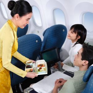 Vietnam Airlines Attendant Offering Inflight Meal to Passengers