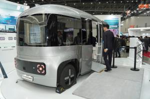 Autonomous a2z's autonomous pod on display at the 2023 DIFA Expo during the opening day on October 19th in Daegu EXCO. The vehicle operates without driver's seat, while all interior sides except on a door of vehicle have passenger seats. | Photo courtesy - AVING News