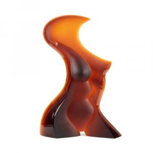 Cast glass sculpture by Latchezar Boyadjiev (Bulgarian, b. 1959), titled Woman II (2011), depicting an undulating female form in dark amber, 23 ½ inches tall, signed ($9,680).