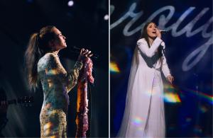 Lauren Daigle is pictured (left) performing “Be Okay” and Katy Nichole (right) sings “In Jesus Name (God of Possible)” during the televised portion of the 54th Annual GMA Dove Awards. (Photos by Tessa Voccola)