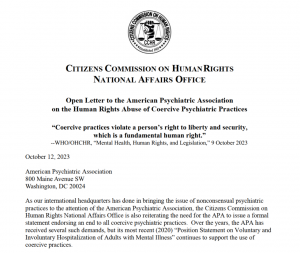 Open Letter to APA from CCHR against coercive treatment