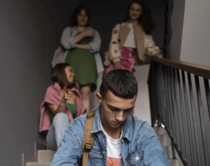 boy on stairs socially isolating from friends