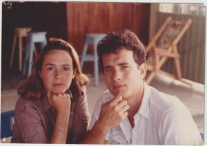 Lisa Beach and Tom Hanks strike similar poses during the filming of the 1985 film 'Volunteers' in Mexico.