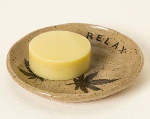 Life Elements CBD Lotion Bar Sits Atop Artist Tara Kothari's "Relax" Leaf Dish